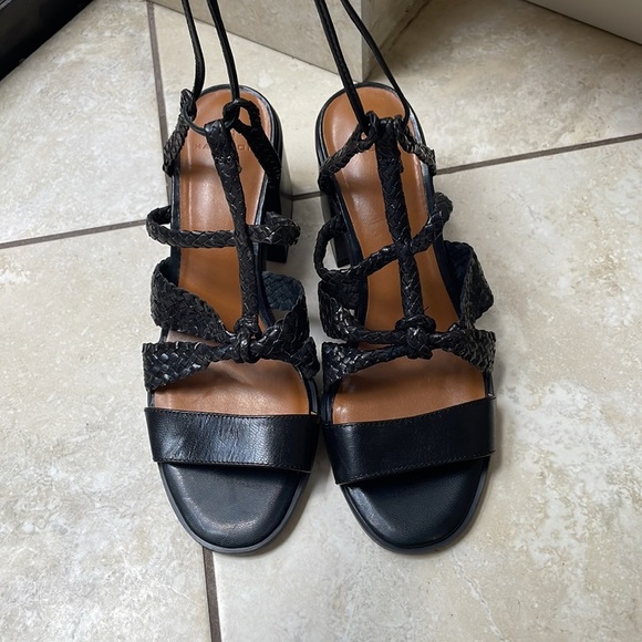 7.5 Halston Piper Strappy Block Chunky Sandal Heels Black Leather Braided - Picture 3 of 12